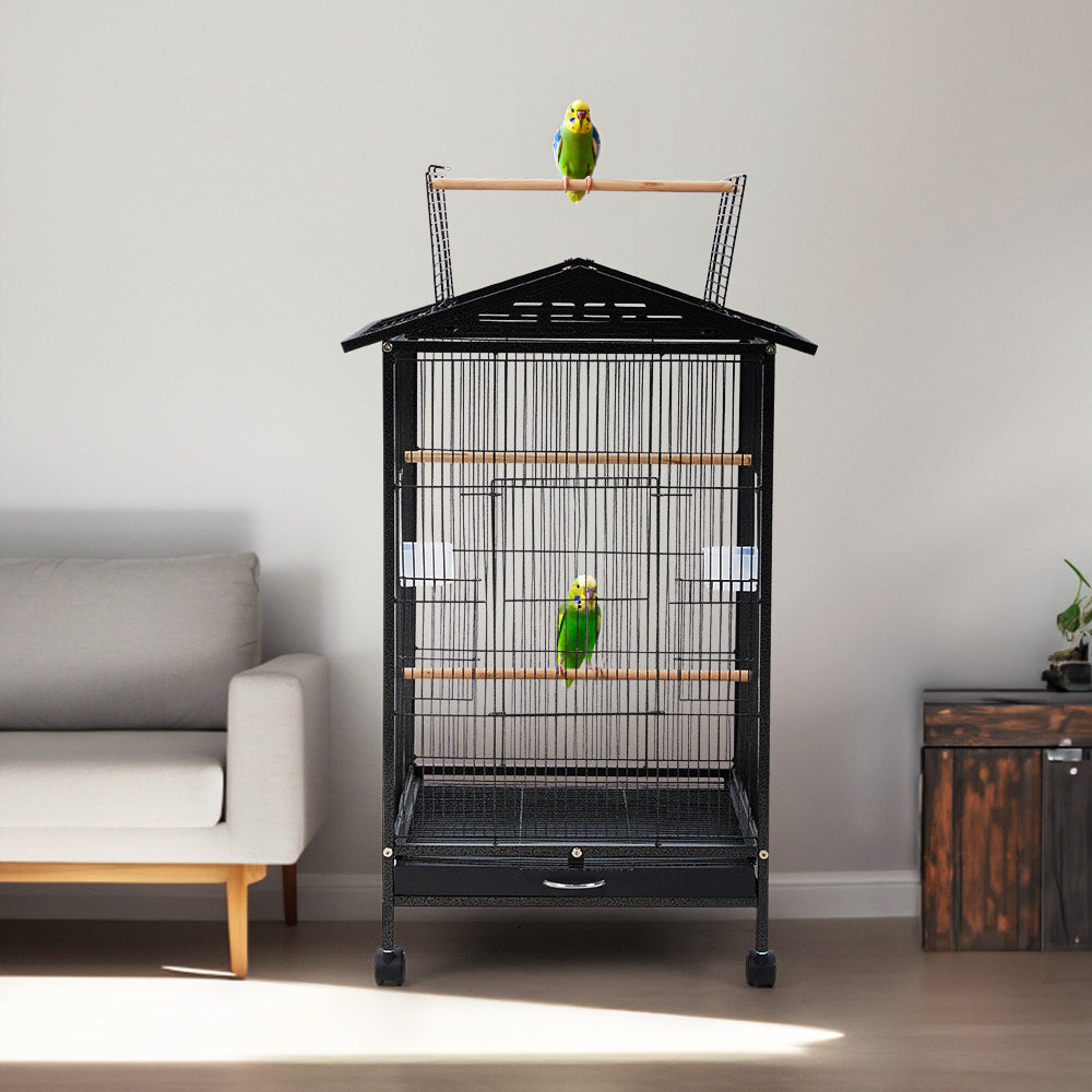 Peaked Roof Metal Bird Cage with Casters and Dual Feeding Doors