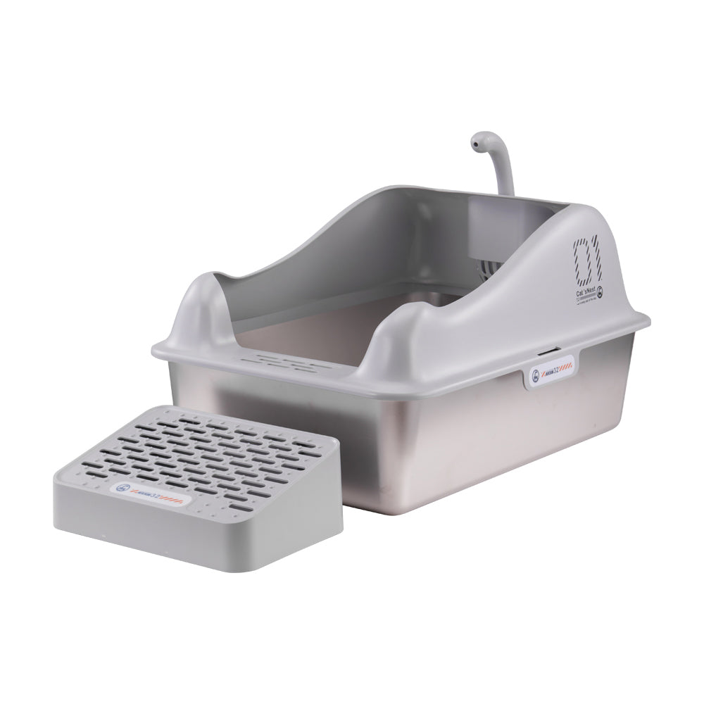Large Stainless Steel Cat Litter Box with Removable Filter and Anti-Slip Base