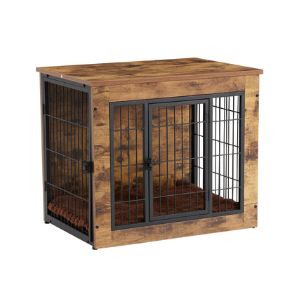 Farmhouse-Inspired Wooden Dog Crate with Double Doors – Decorative Kennel for Small to Medium Dogs
