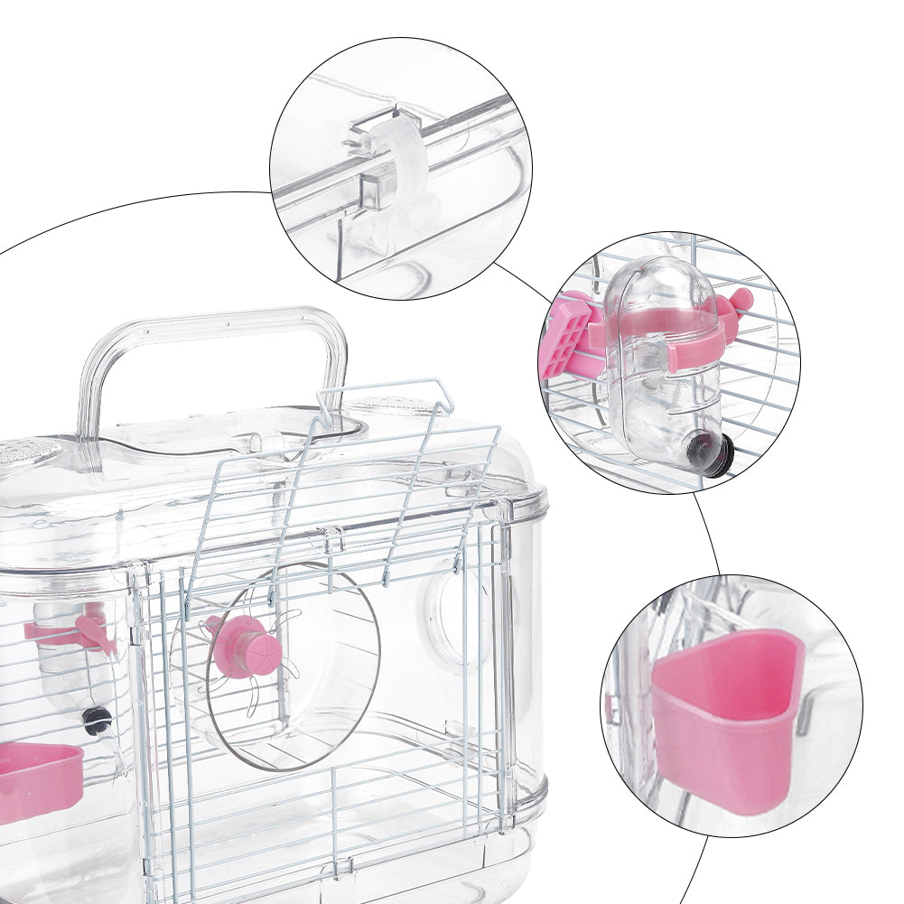 Double-Layer Transparent Hamster Cage with Hidden Handle and Tunnel