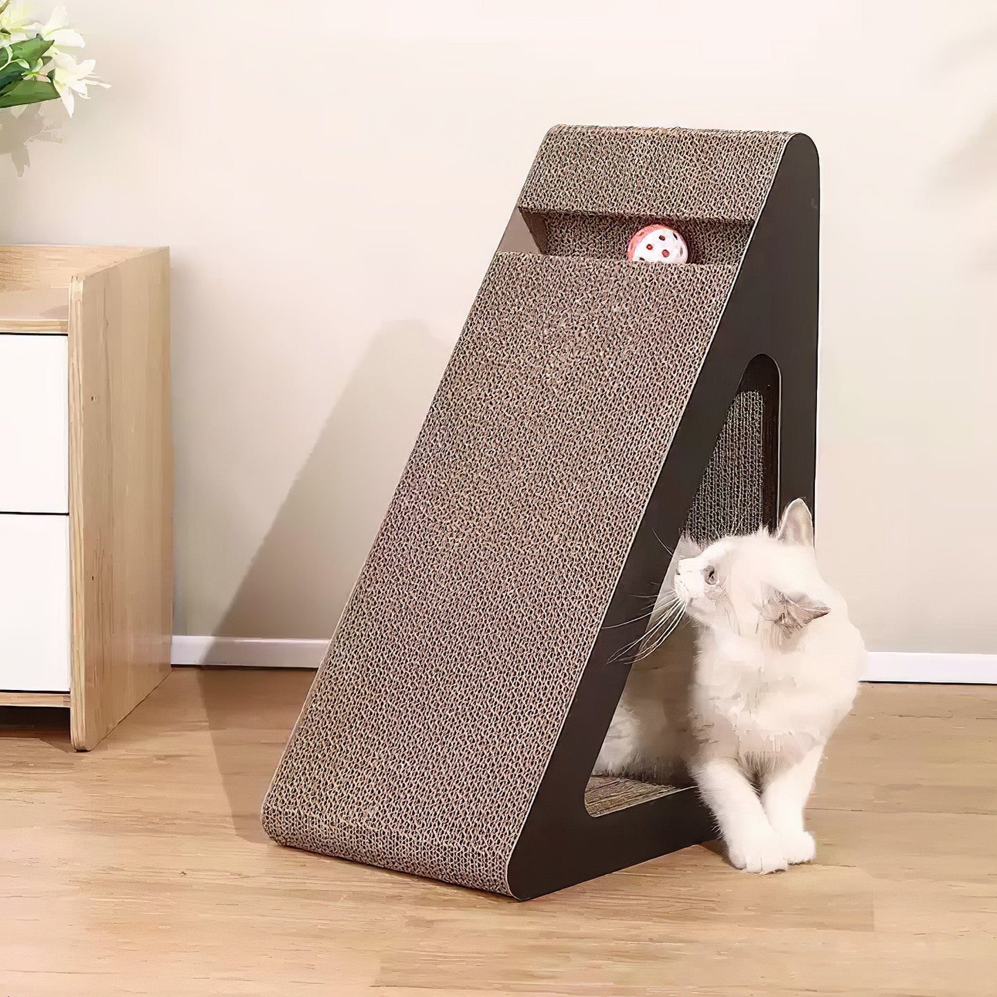 Triangle Corrugated Cardboard Cat Scratcher with Bell Ball – Corner-Friendly Design