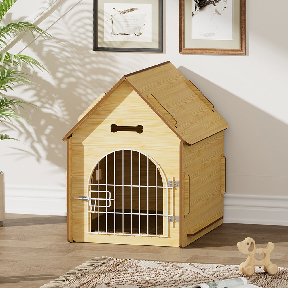 Wooden Pet House with Wire Door – Medium Size, Natural Finish