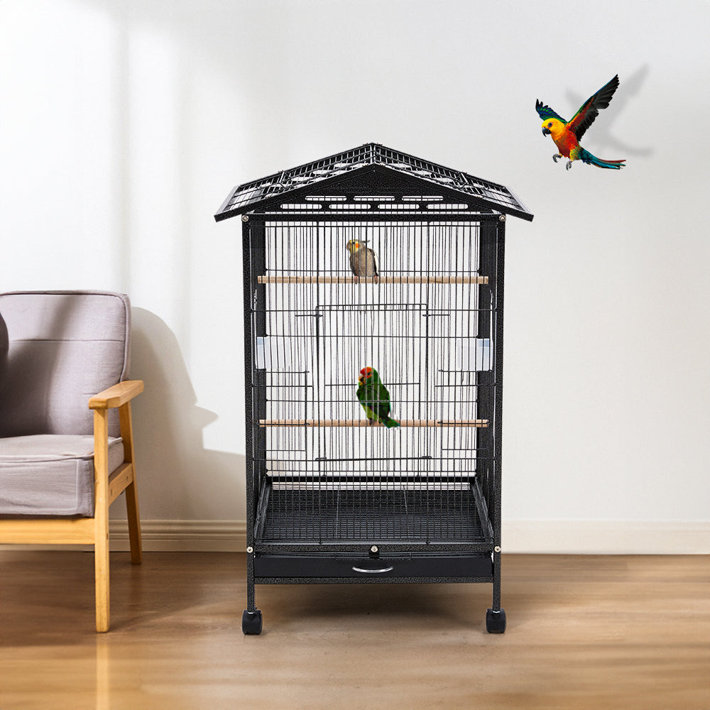 Peaked Roof Metal Bird Cage with Casters and Dual Feeding Doors