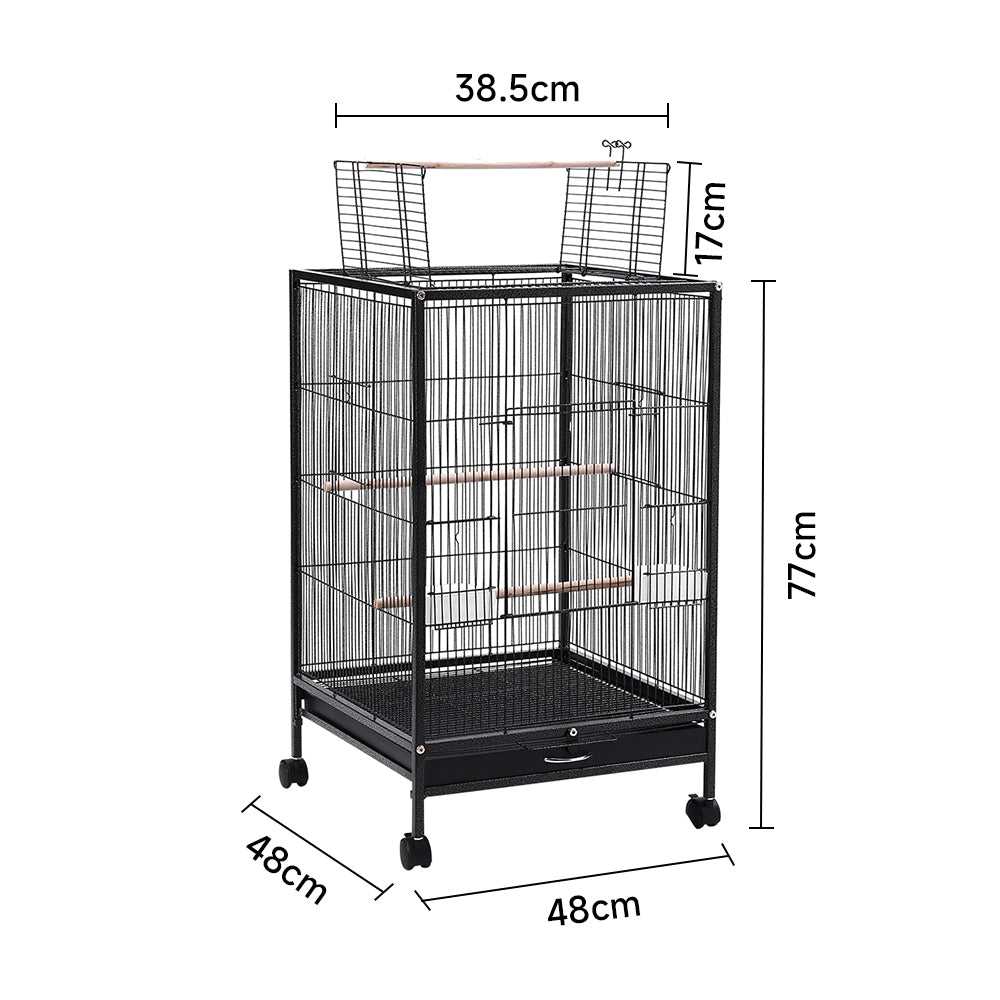 Open-Top Metal Bird Cage with Casters and Dual Feeding Doors