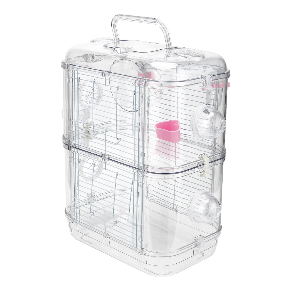 Double-Layer Transparent Hamster Cage with Hidden Handle and Tunnel