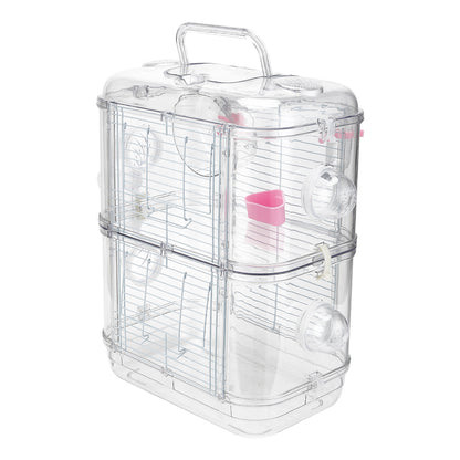 Double-Layer Transparent Hamster Cage with Hidden Handle and Tunnel