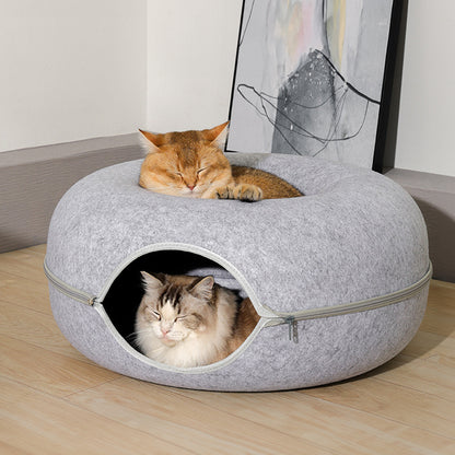 3-in-1 Round Felt Cat Tunnel Bed – Cozy Play Tunnel & Cave for Small Pets