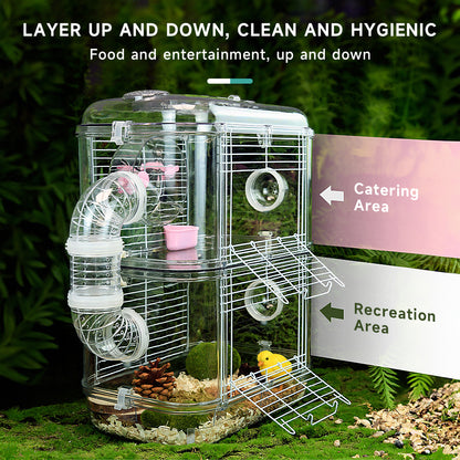 Double-Layer Transparent Hamster Cage with Hidden Handle and Tunnel
