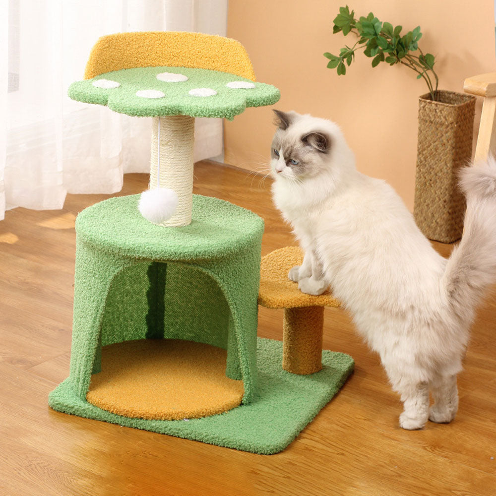 Plush Cat Tree with Sisal Scratching Post, Cozy Hideaway, and Hanging Toy – Space-Saving Activity Center