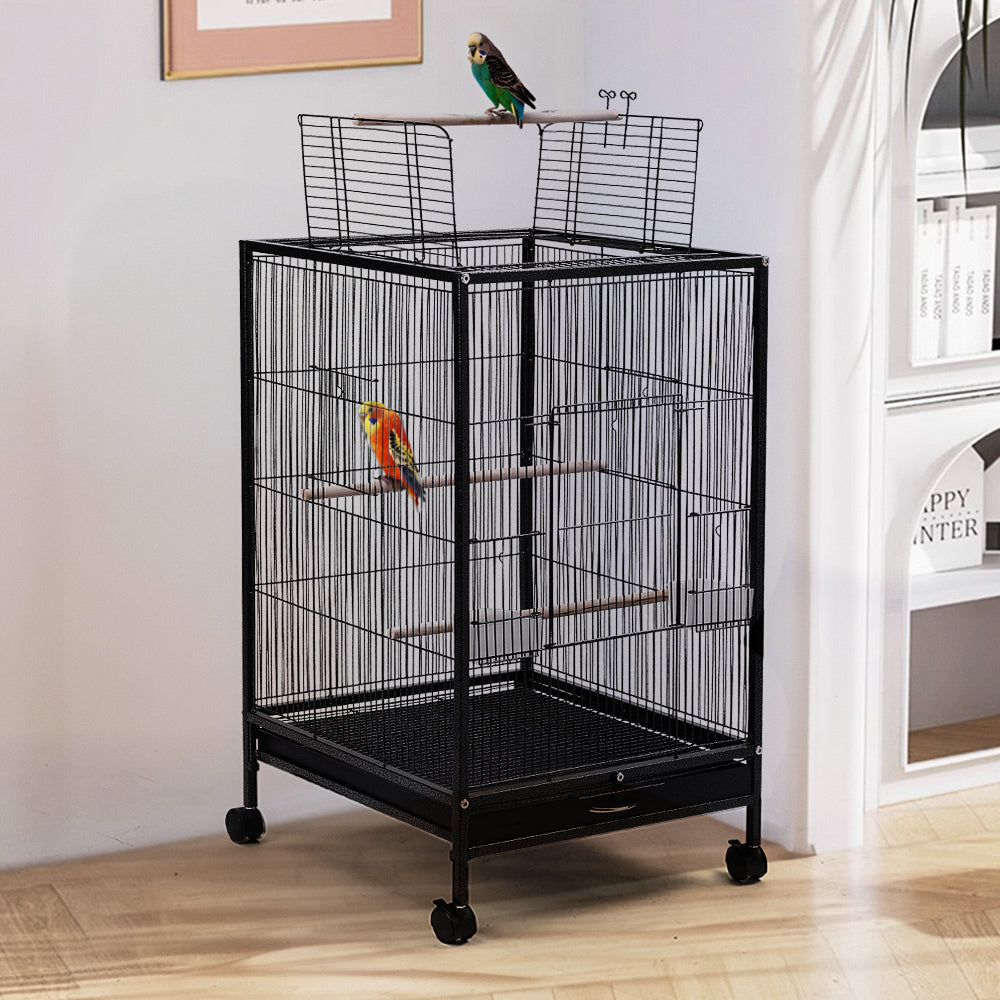 Open-Top Metal Bird Cage with Casters and Dual Feeding Doors