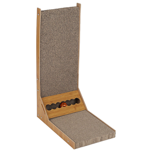 L-Shaped Corrugated Cat Scratcher with Toys – Space-Saving, Durable, and Cat-Friendly Design