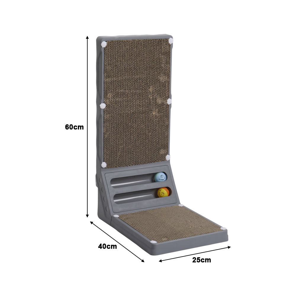 L-Shaped Corrugated Cat Scratcher with Rolling Ball Toys – Wall-Fit Design for Claw Care & Play