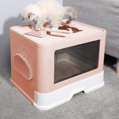 Enclosed Folding Cat Litter Box with Scoop – Smoky Pink, Drawer Design for Easy Cleaning