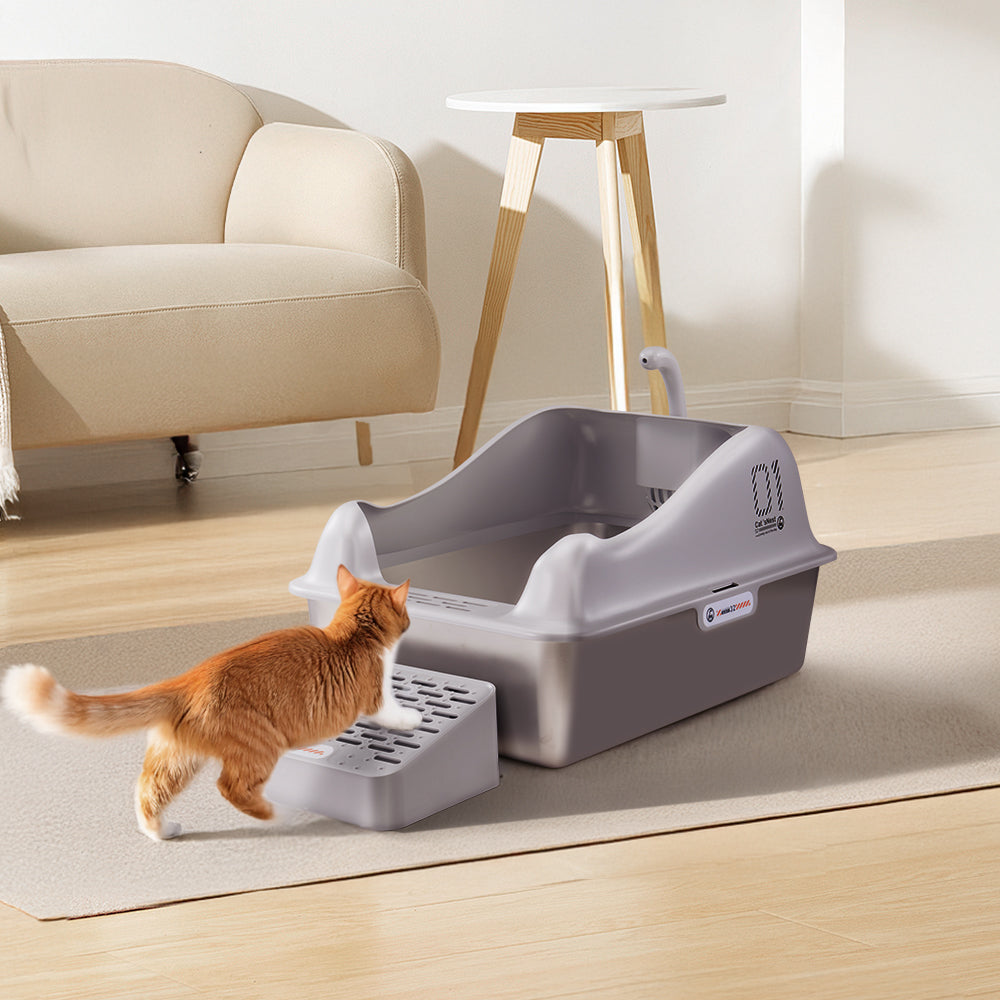 Large Stainless Steel Cat Litter Box with Removable Filter and Anti-Slip Base
