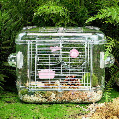 Double-Layer Transparent Hamster Cage with Hidden Handle and Tunnel