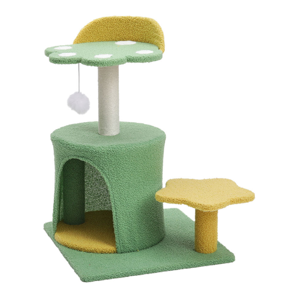 Plush Cat Tree with Sisal Scratching Post, Cozy Hideaway, and Hanging Toy – Space-Saving Activity Center