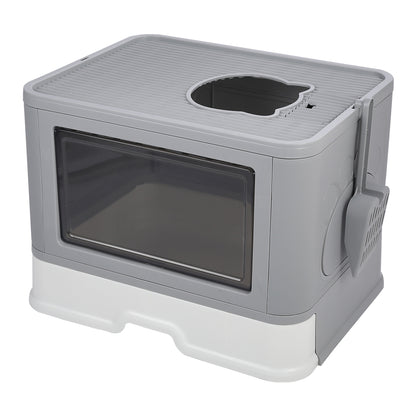 Enclosed Folding Plastic Cat Litter Box with Convenient Drawer and Scoop