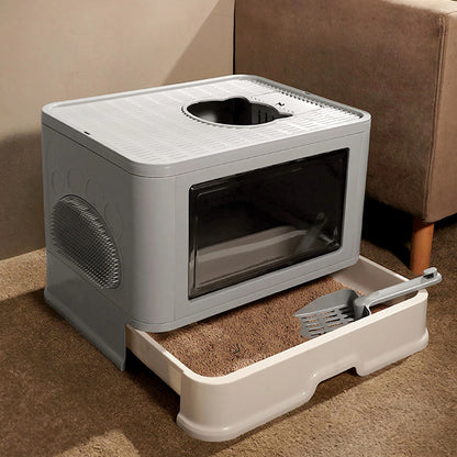 Enclosed Folding Plastic Cat Litter Box with Convenient Drawer and Scoop
