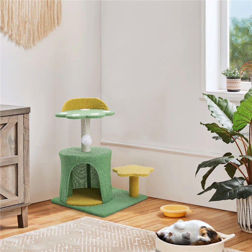 Plush Cat Tree with Sisal Scratching Post, Cozy Hideaway, and Hanging Toy – Space-Saving Activity Center