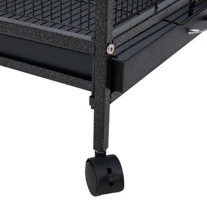 Peaked Roof Metal Bird Cage with Casters and Dual Feeding Doors