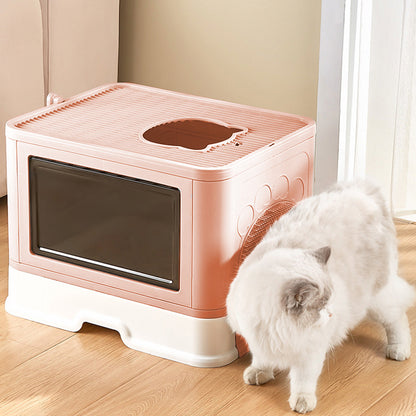 Enclosed Folding Cat Litter Box with Scoop – Smoky Pink, Drawer Design for Easy Cleaning