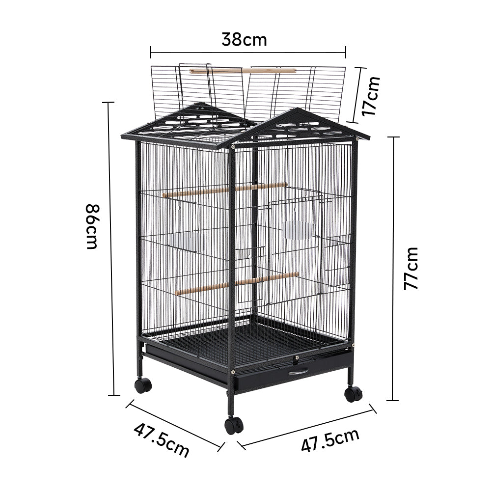 Peaked Roof Metal Bird Cage with Casters and Dual Feeding Doors