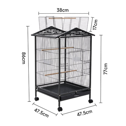 Peaked Roof Metal Bird Cage with Casters and Dual Feeding Doors