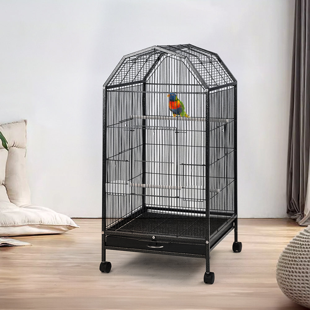 Spacious Open-Top Metal Bird Cage with Casters and Dual Feeding Doors
