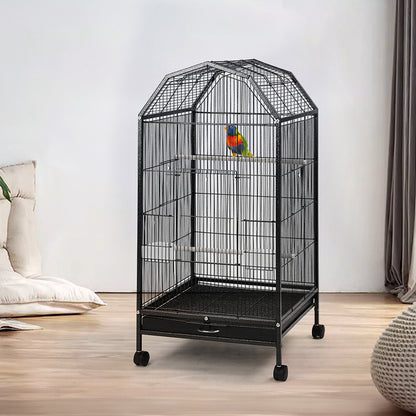 Spacious Open-Top Metal Bird Cage with Casters and Dual Feeding Doors