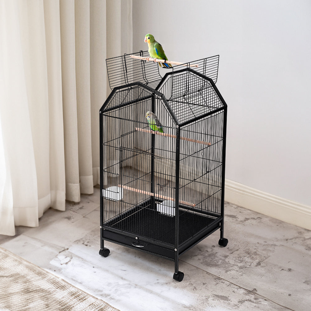 Spacious Open-Top Metal Bird Cage with Casters and Dual Feeding Doors