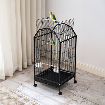 Spacious Open-Top Metal Bird Cage with Casters and Dual Feeding Doors