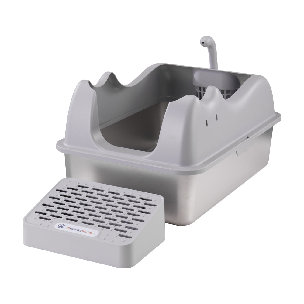 Large Stainless Steel Cat Litter Box with Removable Filter Board and Anti-Slip Base