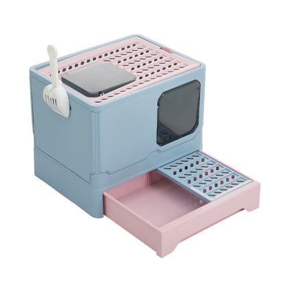 Foldable Enclosed Cat Litter Box with Pull-Out Drawer and Scoop – Odour-Controlled, Easy-Clean Design