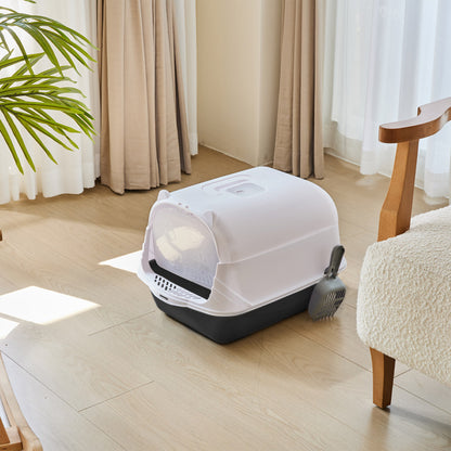 Detachable Cat Litter Box with Deodorising Compartment – Grey & White, Easy-to-Clean Design