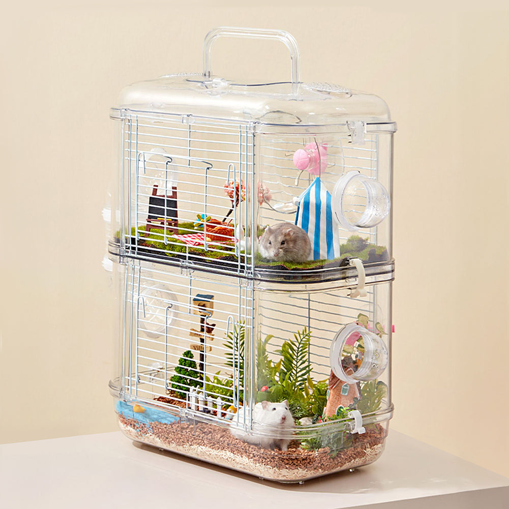Double-Layer Transparent Hamster Cage with Hidden Handle and Tunnel