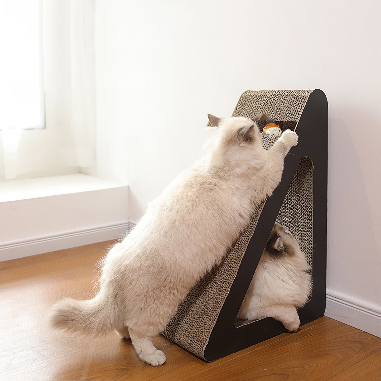 Triangle Corrugated Cardboard Cat Scratcher with Bell Ball – Corner-Friendly Design