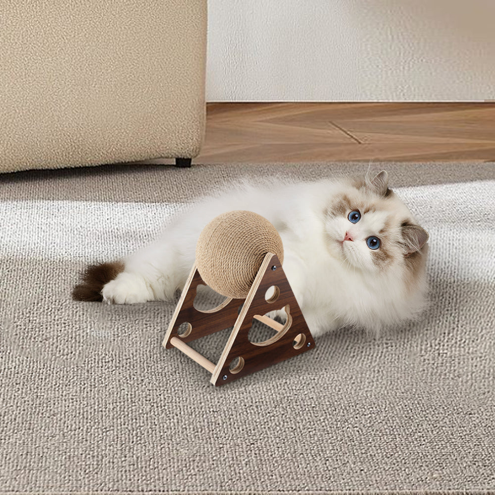 Natural Sisal Cat Scratching Ball – 360° Rotating Toy with Stable Wooden Frame