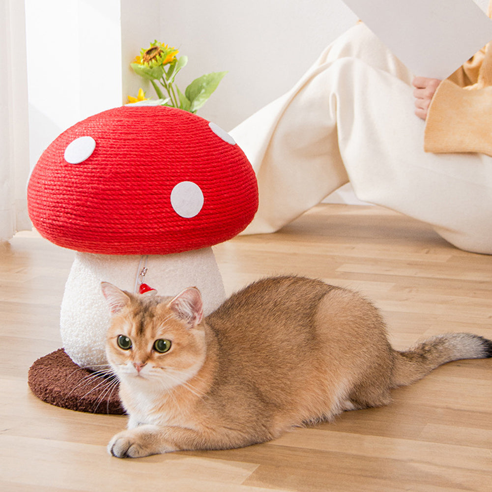 Sisal Mushroom Cat Scratching Post – Freestanding Claw Sharpener with Plush Base and Hanging Toys