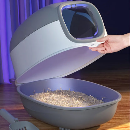 Large Hooded Cat Litter Box with Built-in UV Sterilization and Dual-Entry Design