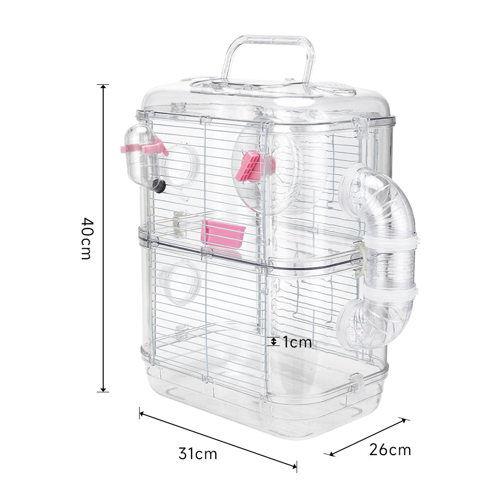 Double-Layer Transparent Hamster Cage with Hidden Handle and Tunnel