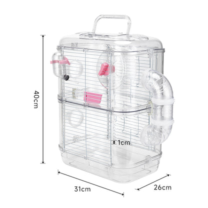 Double-Layer Transparent Hamster Cage with Hidden Handle and Tunnel