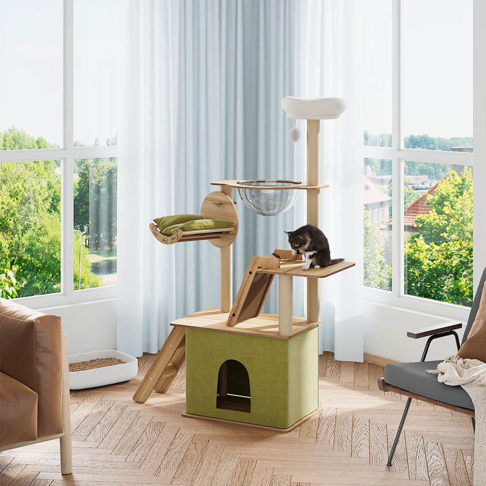 Luxurious 6-Tier Cat Tower with Scratching Board, Rotatable Hammock & Acrylic Capsule – Space-saving Multifunctional Playground