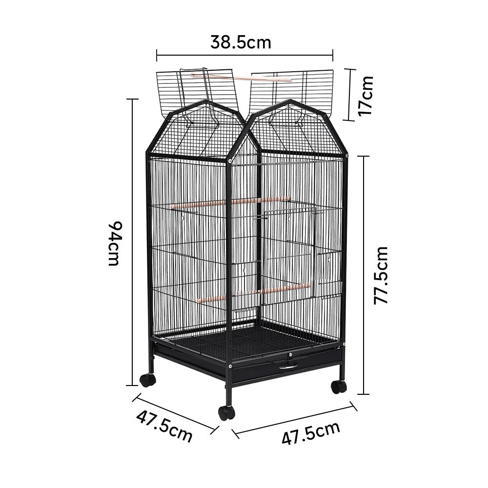Spacious Open-Top Metal Bird Cage with Casters and Dual Feeding Doors