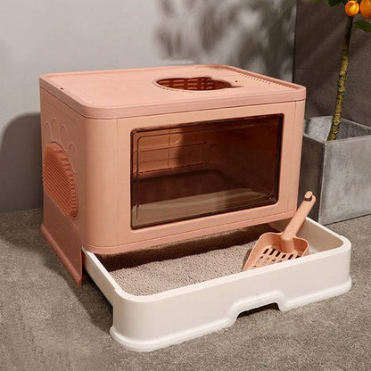 Enclosed Folding Cat Litter Box with Scoop – Smoky Pink, Drawer Design for Easy Cleaning