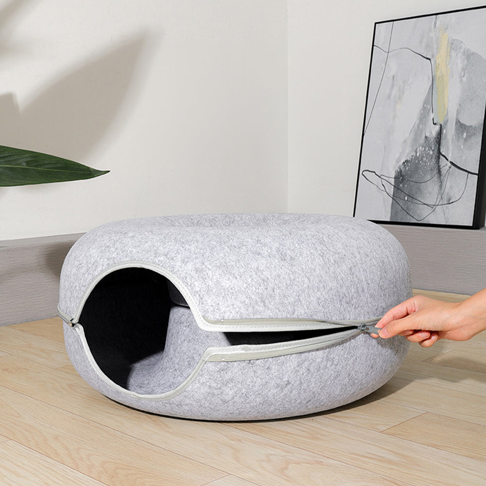 3-in-1 Round Felt Cat Tunnel Bed – Cozy Play Tunnel & Cave for Small Pets