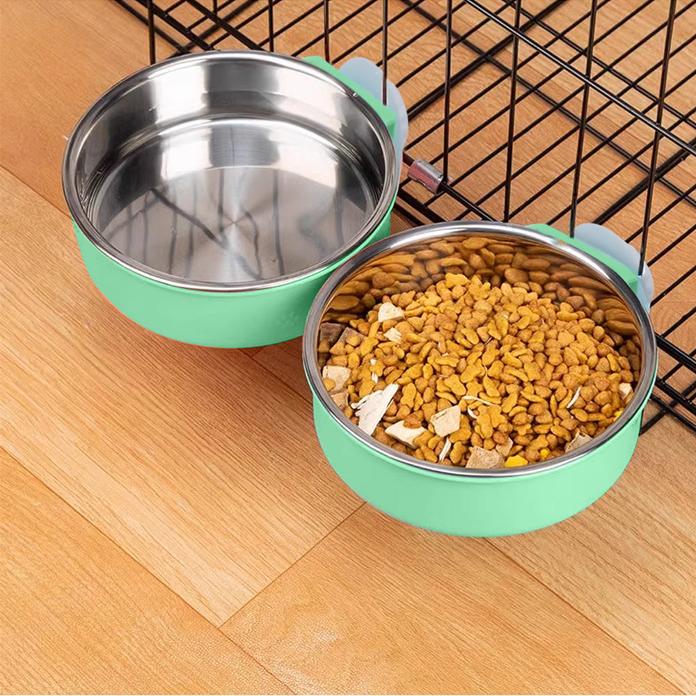 Two-in-One Stainless Steel & Plastic Cage Hanging Pet Feeder – Green, For Cats and Dogs