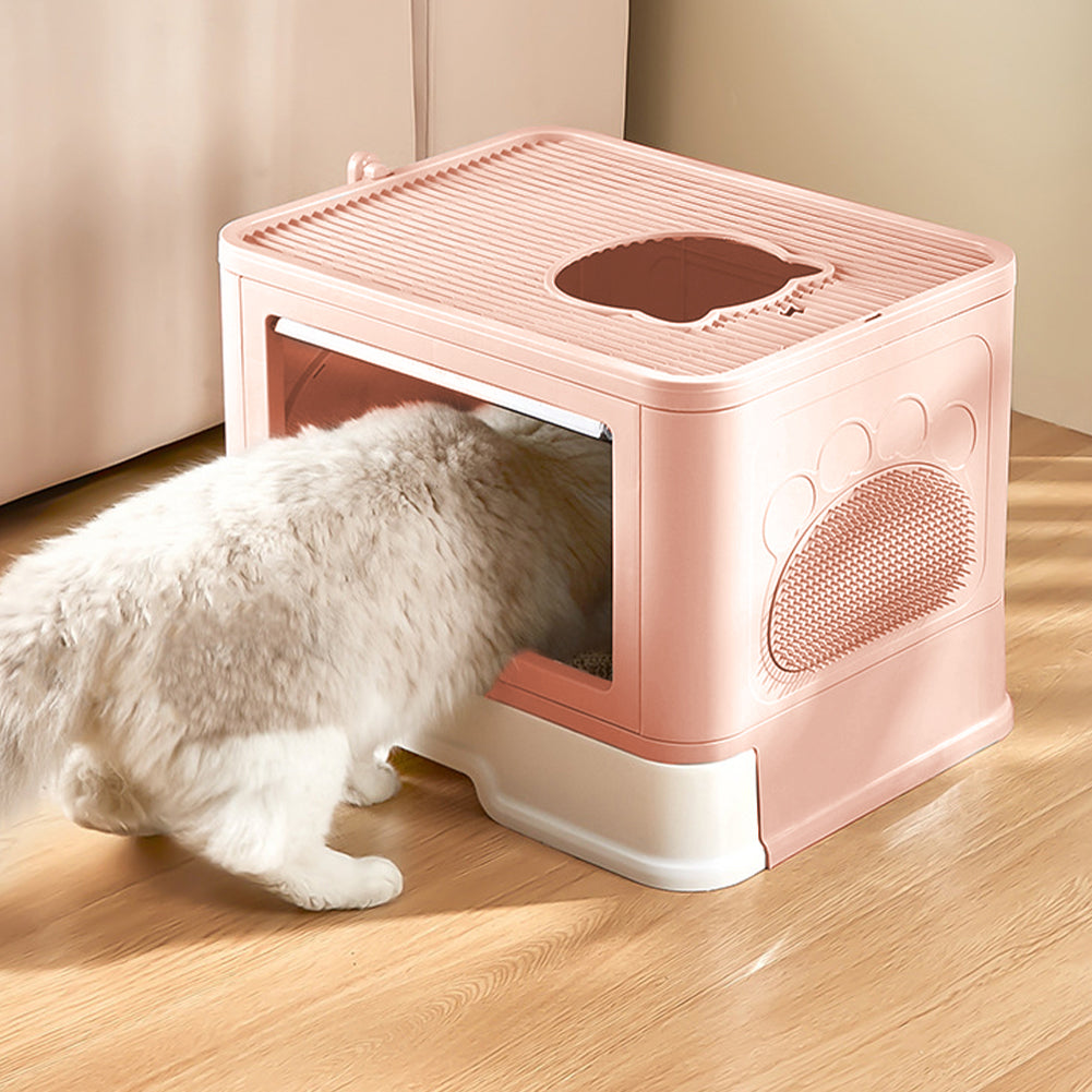 Enclosed Folding Cat Litter Box with Scoop – Smoky Pink, Drawer Design for Easy Cleaning