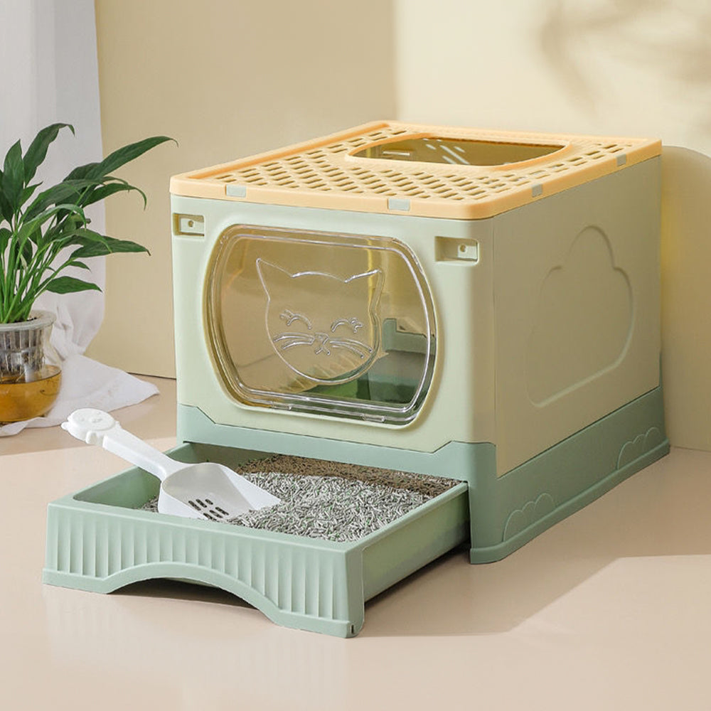 Foldable Top-Entry Cat Litter Box with Drawer and Scoop – Enclosed, Splash-Proof & Odor-Resistant Design