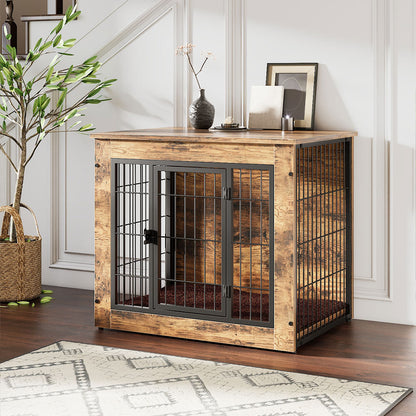 Farmhouse-Inspired Wooden Dog Crate with Double Doors – Decorative Kennel for Small to Medium Dogs