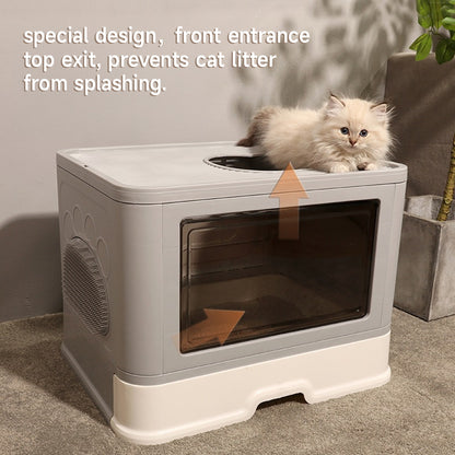 Enclosed Folding Plastic Cat Litter Box with Convenient Drawer and Scoop